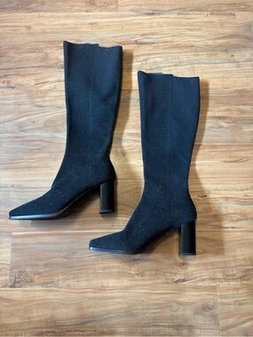 Cosy Island Black & Gray Knee-High Knit Stretch Square Toe Boots Size 9 Chic